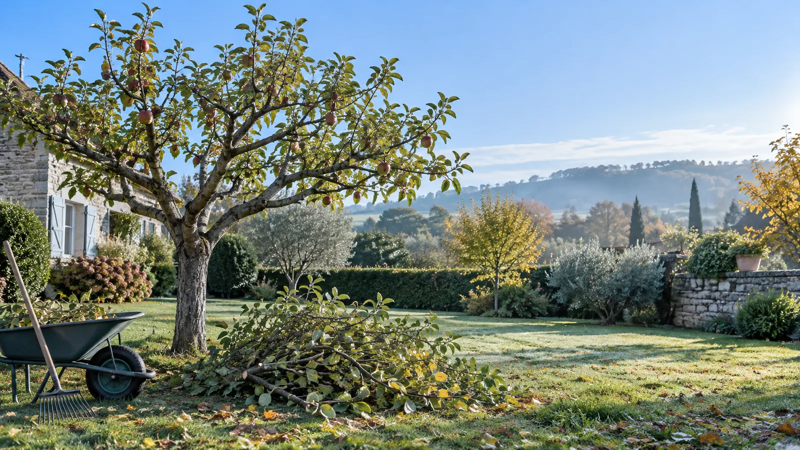 Arbre fruitier taillé dans un jardin après l’intervention d’un élagueur